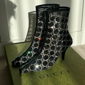 Gucci Black and Silver Patterned Heeled Boots